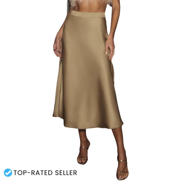Satin A-Line Midi Skirt High Waist Flowy Elegant Cocktail Party Wedding Wear